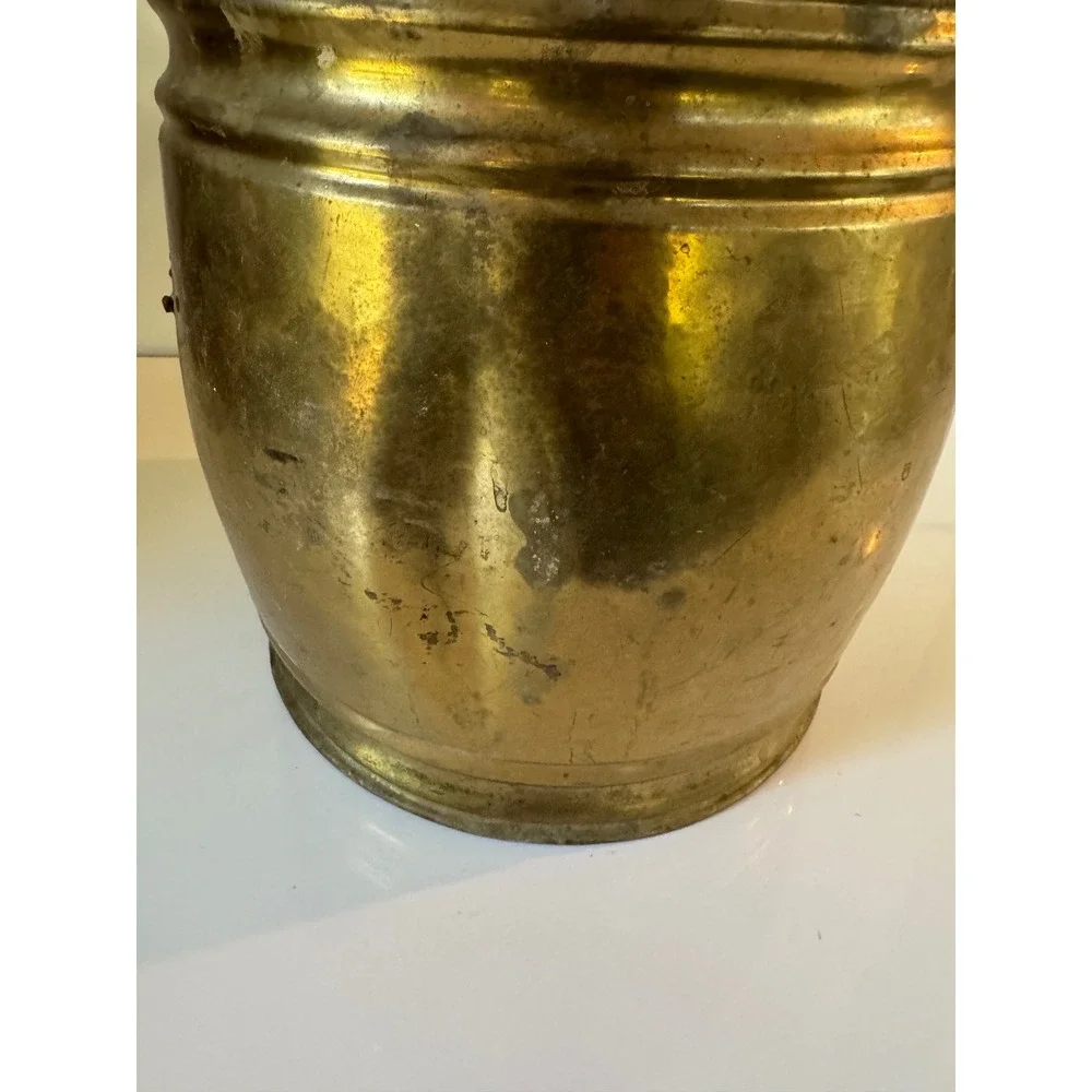 Vintage Brass Lion Head Planter Barrel Cachepot Gold Tone Patina 9 Inch